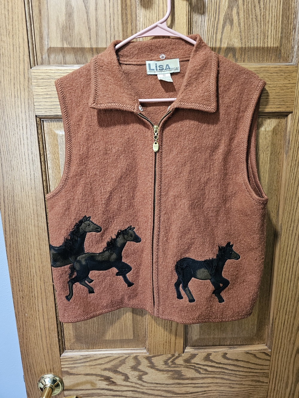 Lisa international women's Size L Vest 100% Boiled Wool Animal Print Horses Vntg